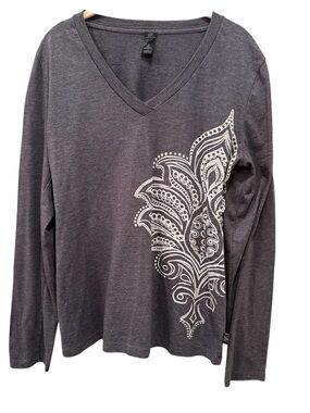 Prana Gray V-Neck Long Sleeve Top  White Paisley Graphic Made in USA Sz L